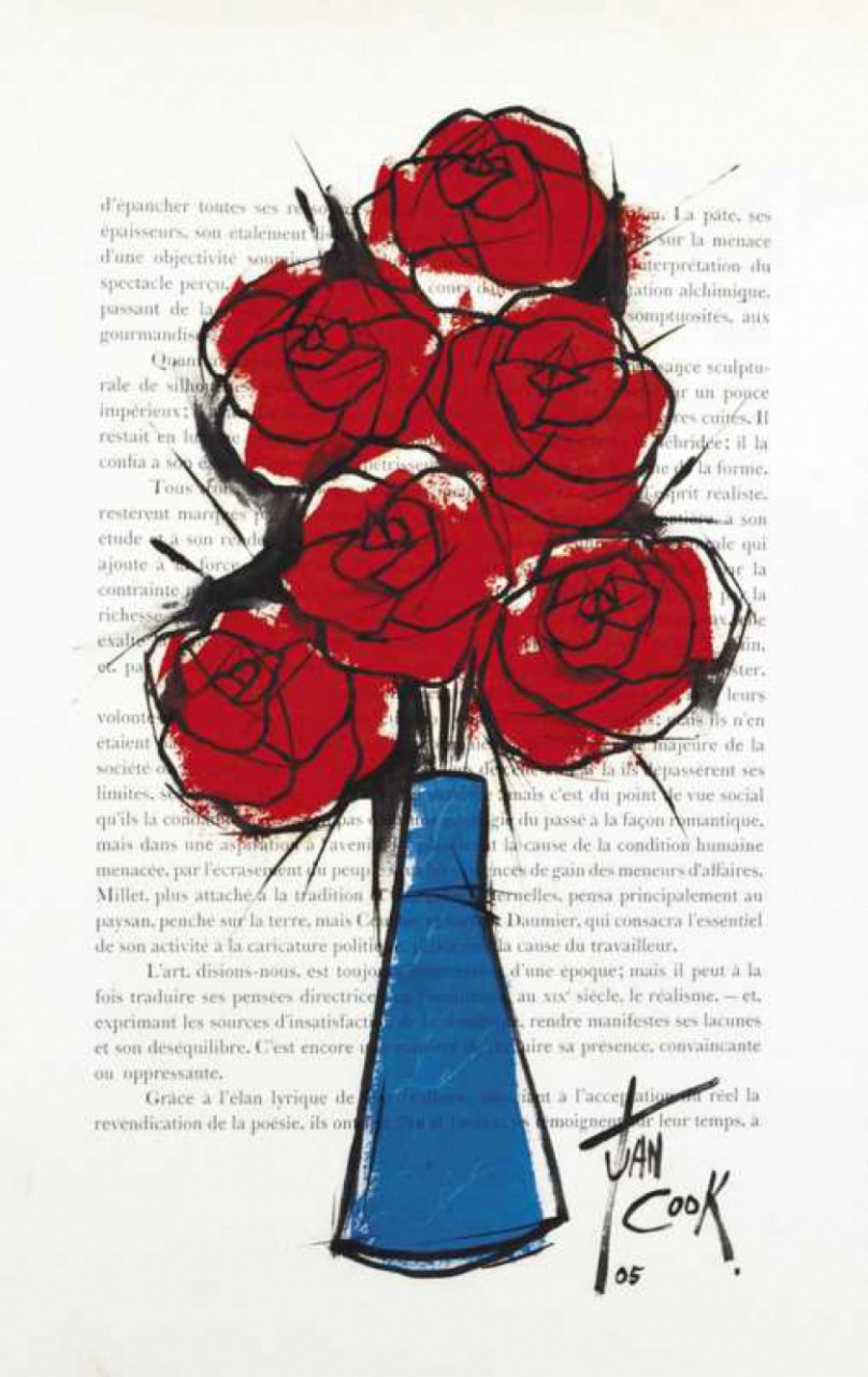 COOK Juan roses vase bleu fond journal