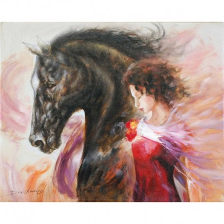 Deschamps Albert cheval noir et femme en robe rouge