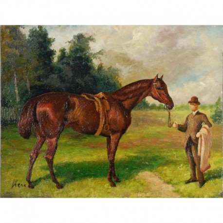 ECOLE MODERNE cavalier tenant son cheval marron