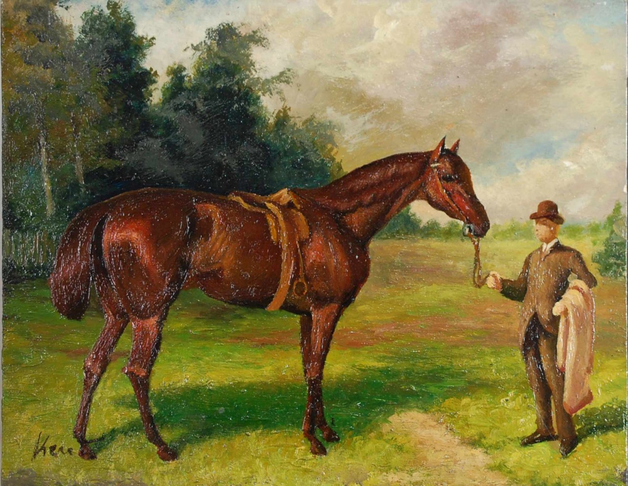 ECOLE MODERNE cavalier tenant son cheval marron
