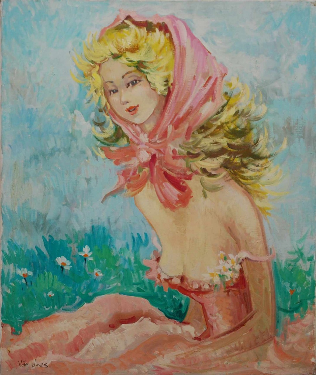 BLONDE EN ROSE - VAN LEES (XX ème siècle) - Huile sur toile