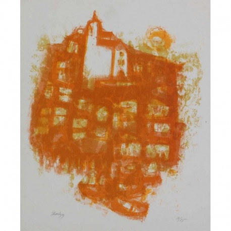 colline orange avec maison blanche