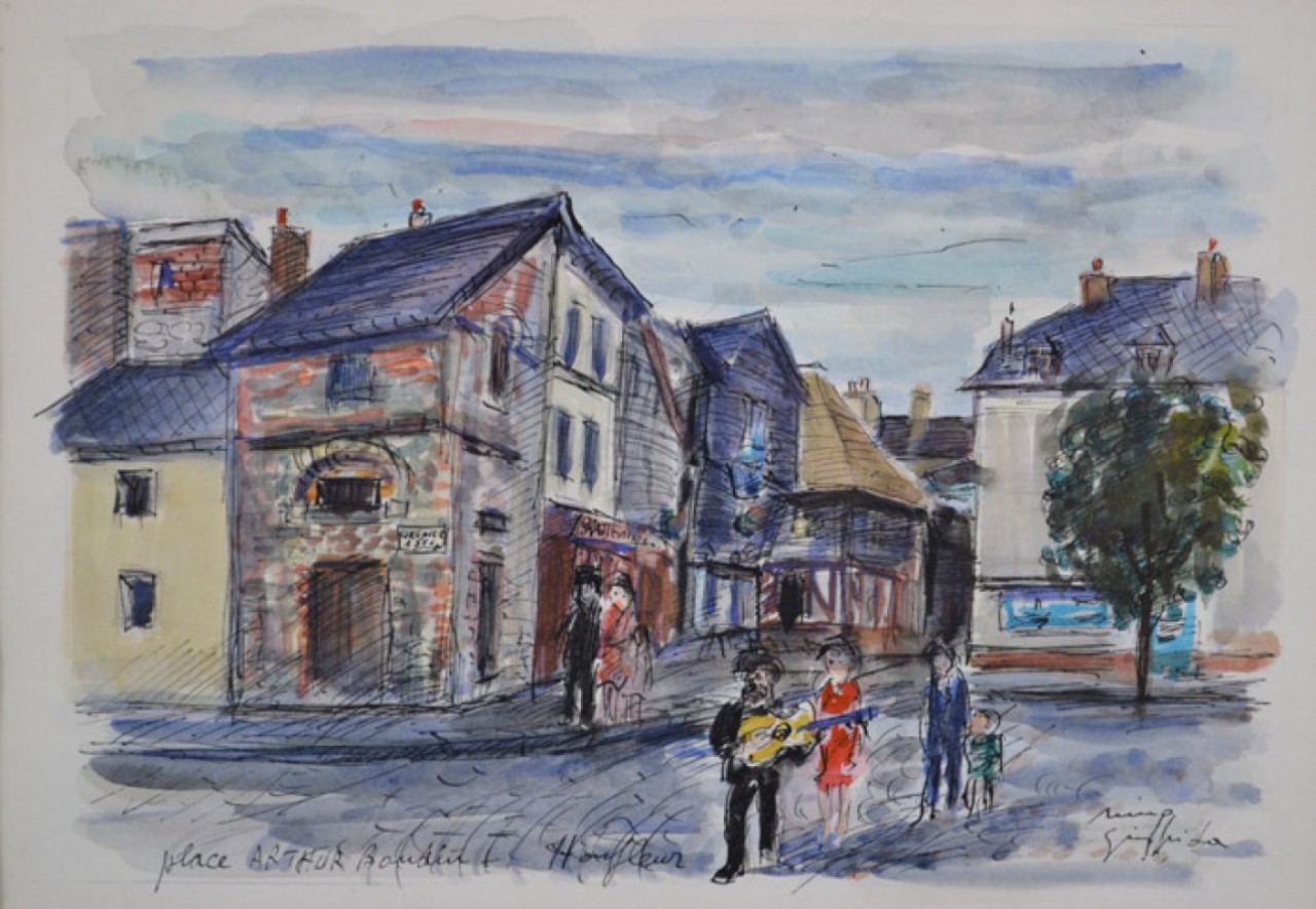 PLACE ARTHUR BOUDIN - HONFLEUR - GIUFFRIDA Nino (1924- ) - Aquarelle