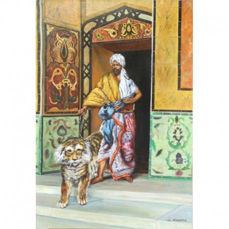 LE SULTAN ET LE TIGRE - KRAMER Claude (XX ème siècle) - Huile sur toile