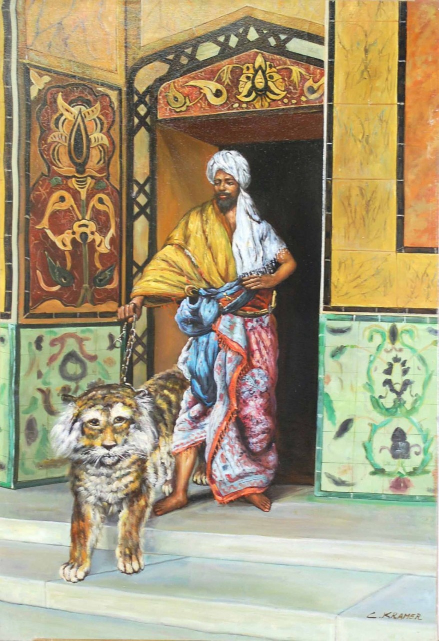LE SULTAN ET LE TIGRE - KRAMER Claude (XX ème siècle) - Huile sur toile