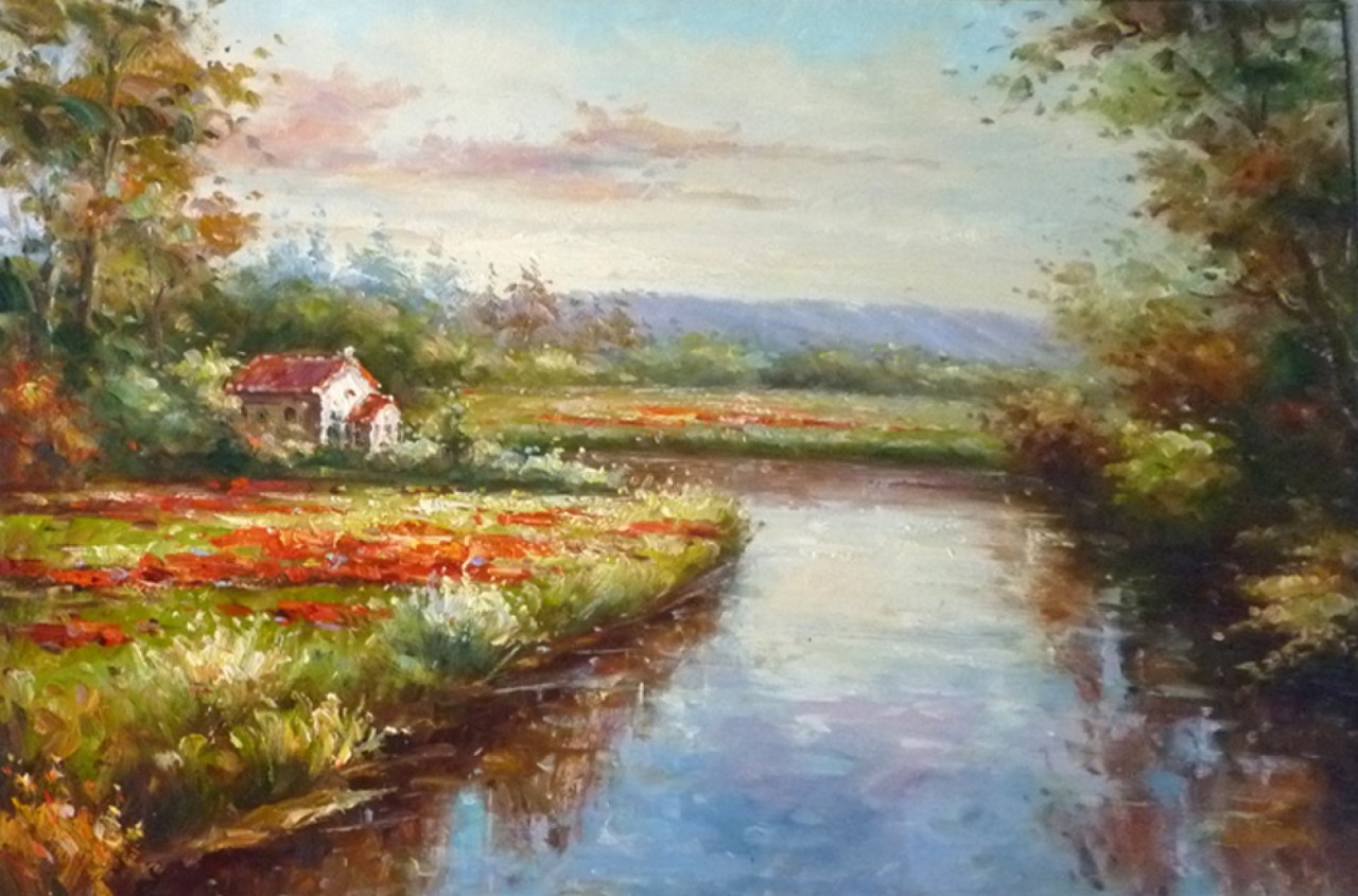 AU BORD DE LA RIVIERE - LEDOUX François (XXème siècle) - Huile sur toile