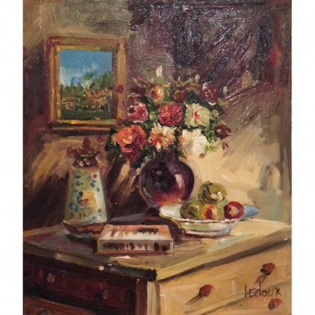 LEDOUX Fernand commode avec bouquet de fleurs