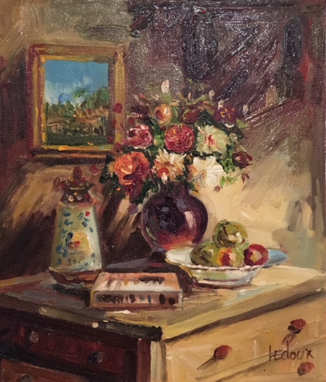 LEDOUX Fernand commode avec bouquet de fleurs