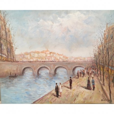 PROMENADE SUR LE QUAI - NIELSEN Robert (XXème siècle) - Huile sur toile