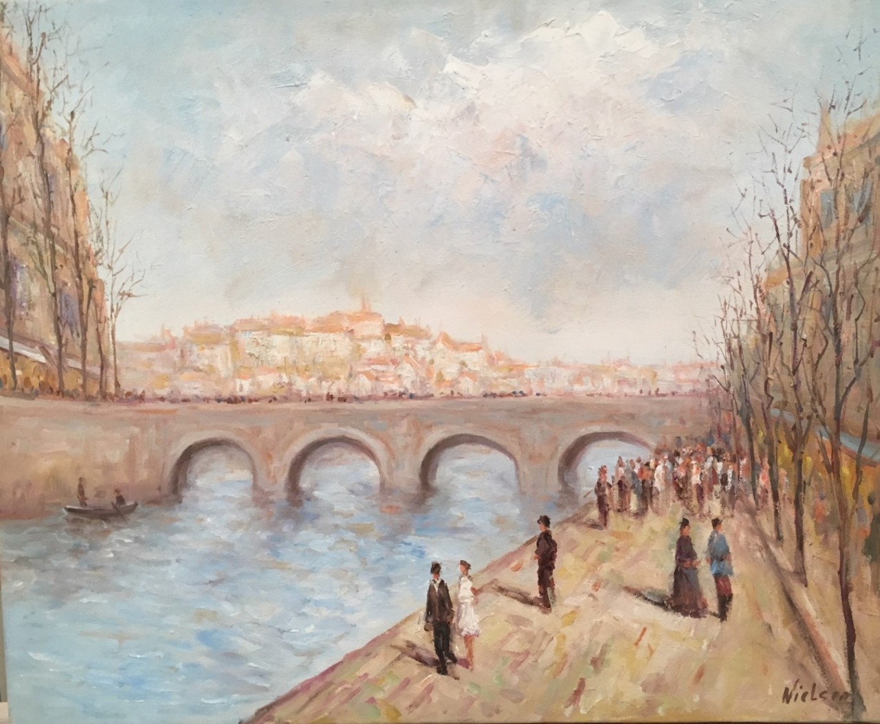 PROMENADE SUR LE QUAI - NIELSEN Robert (XXème siècle) - Huile sur toile