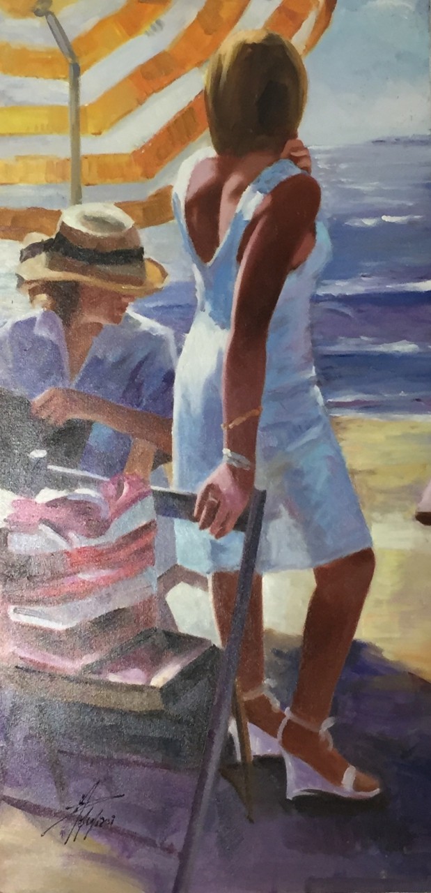 PALMIERI Antonio femme en robe blanche sur la plage