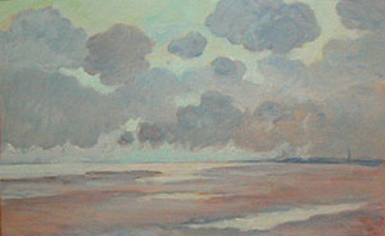 AU LOIN, CLOCHER DE BERNIERES-SUR-MER, Huile sur panneau, PERADON Pierre-Edmond (1893 - 1981)