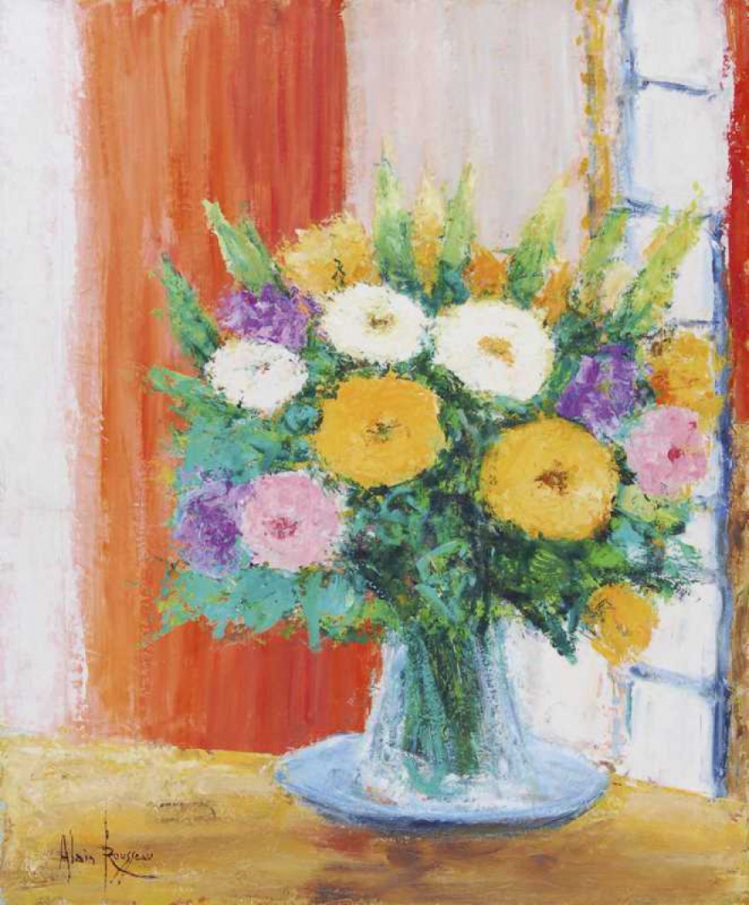 BOUQUET AU RIDEAU ROUGE - ROUSSEAU Alain (1926 - ) - Huile sur toile