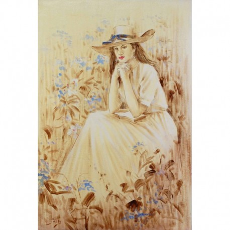 LISEUSE AU JARDIN - SALLY Georgina (XX ème siècle) - Huile sur toile