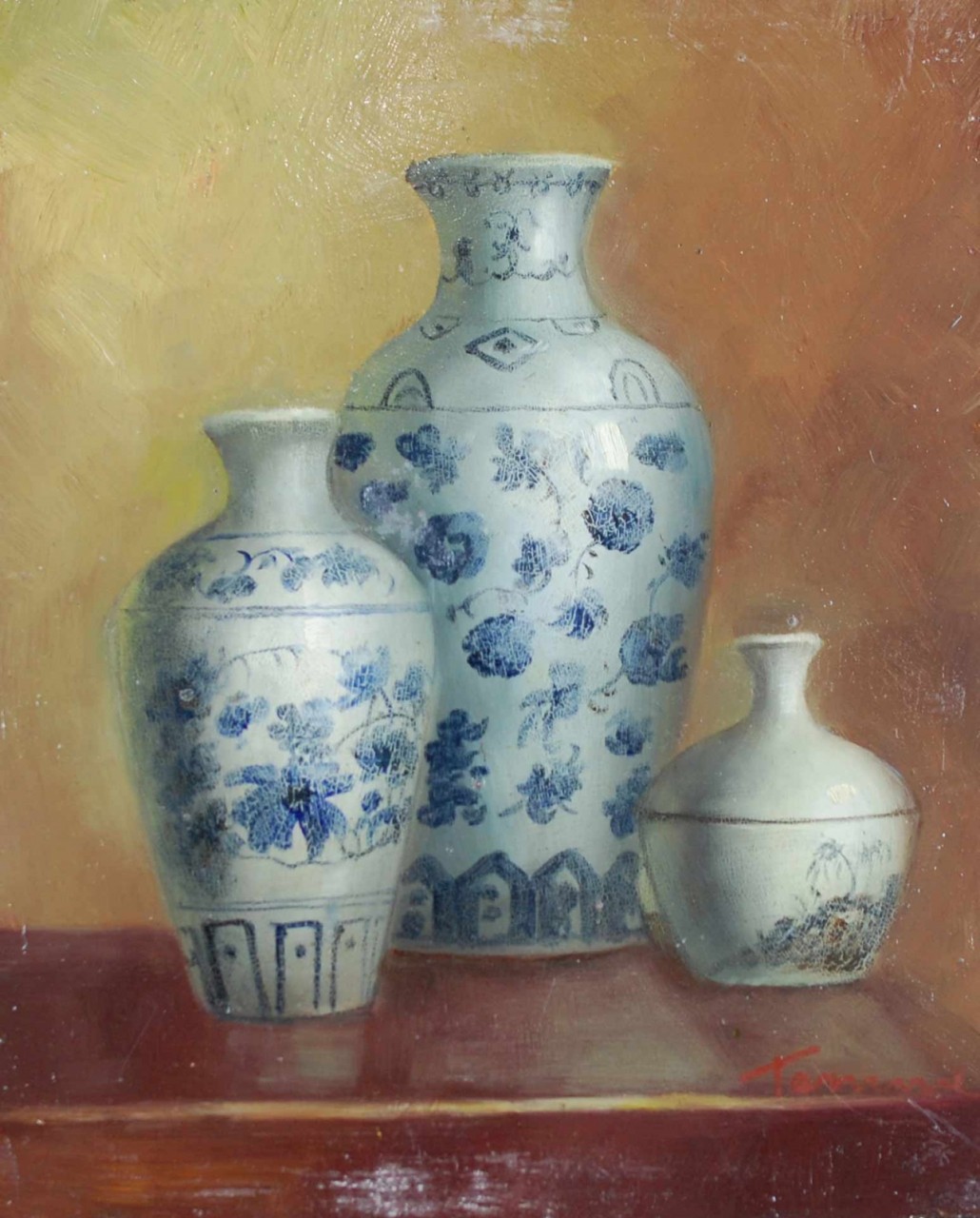 TOMME Albert trois vas en porcelaine bleu et blanc 
