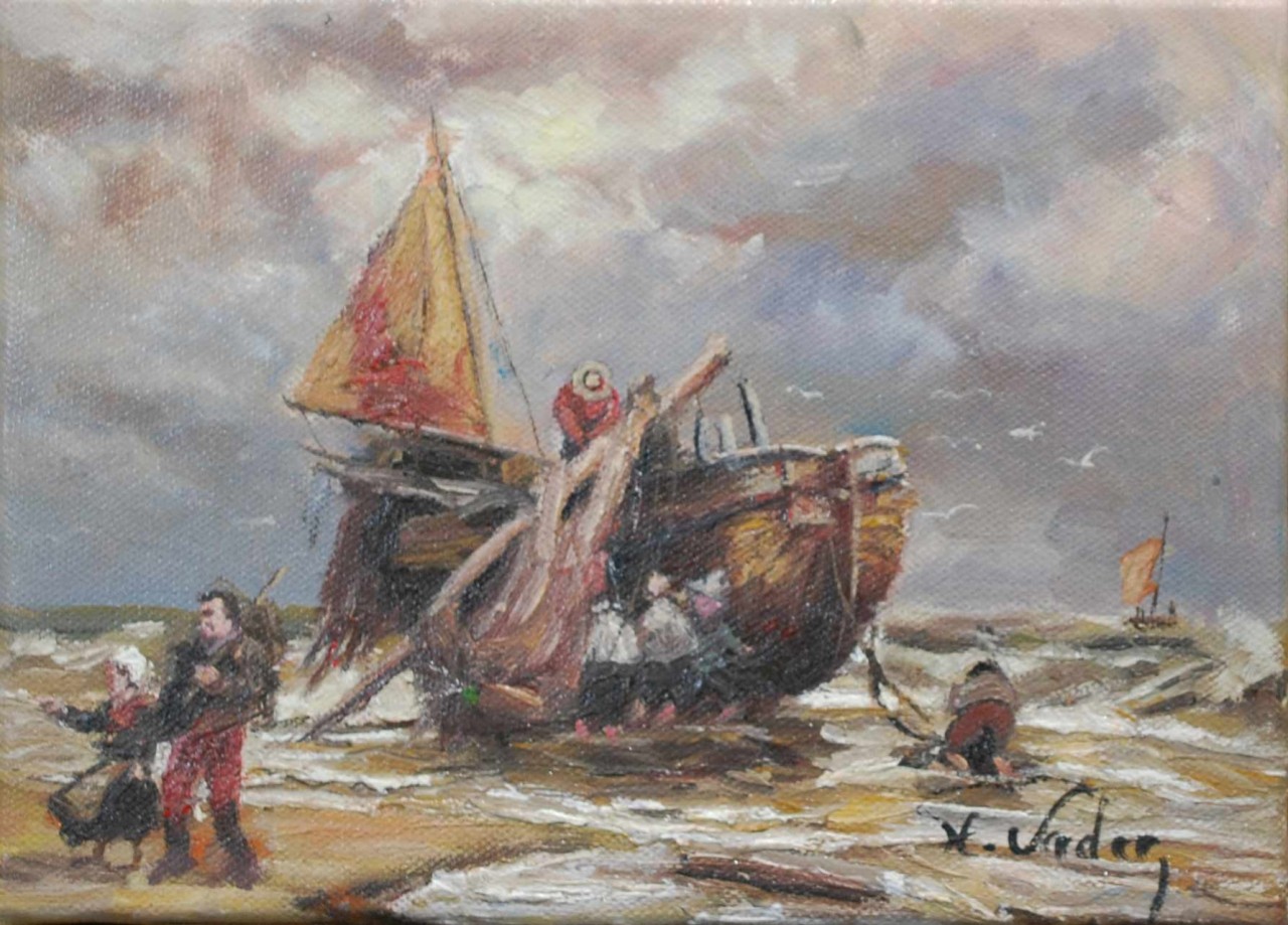 LE BATEAU ÉCHOUE - VADER Hendrik (XXème siècle) - Huile sur toile