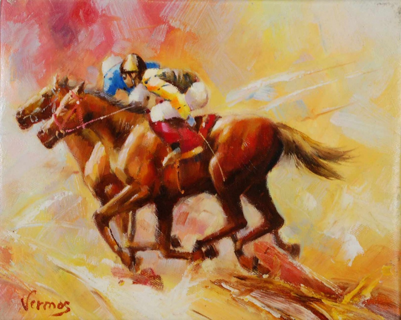 LA COURSES DES CHEVAUX - VERMOS Luis (XXème siècle) - Huile sur toile