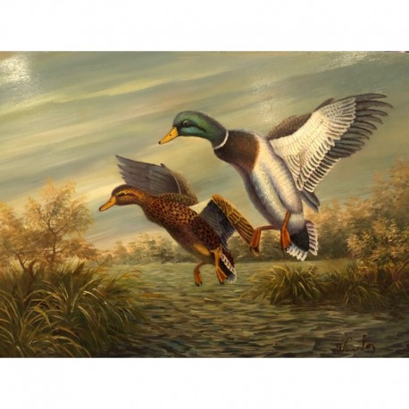 L'ENVOL DES CANARDS - WINSTON Spencer (XXème siècle) - Huile sur panneau