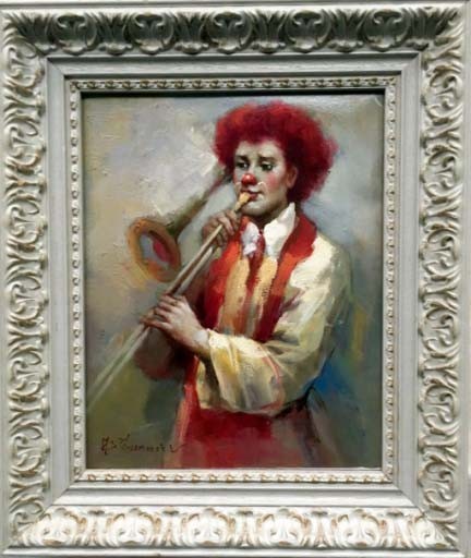 LE CLOWN AU TROMBONE - FOURNIER Jean-Baptiste (1959-) - Huile sur toile