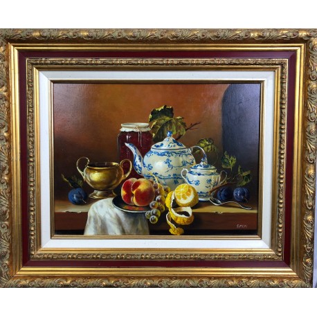 NATURE MORTE A LA THÉIÈRE - SIMON Kati (1952 - ) - Huile sur panneau