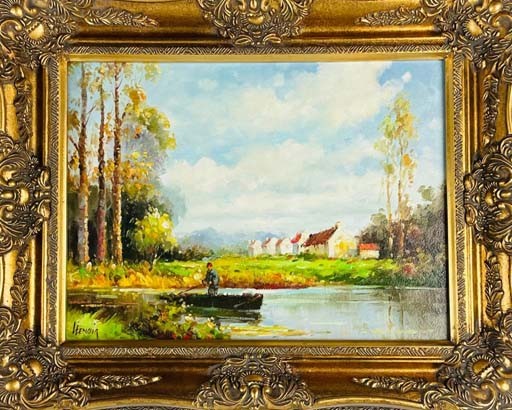 VILLAGE AU BORD DE L'EAU - LENOIR Monick (1938 - ) - Huile sur toile