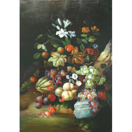 FLEURS ET FRUITS - MOREAU Nicolas (XXème siècle) - Huile sur toile