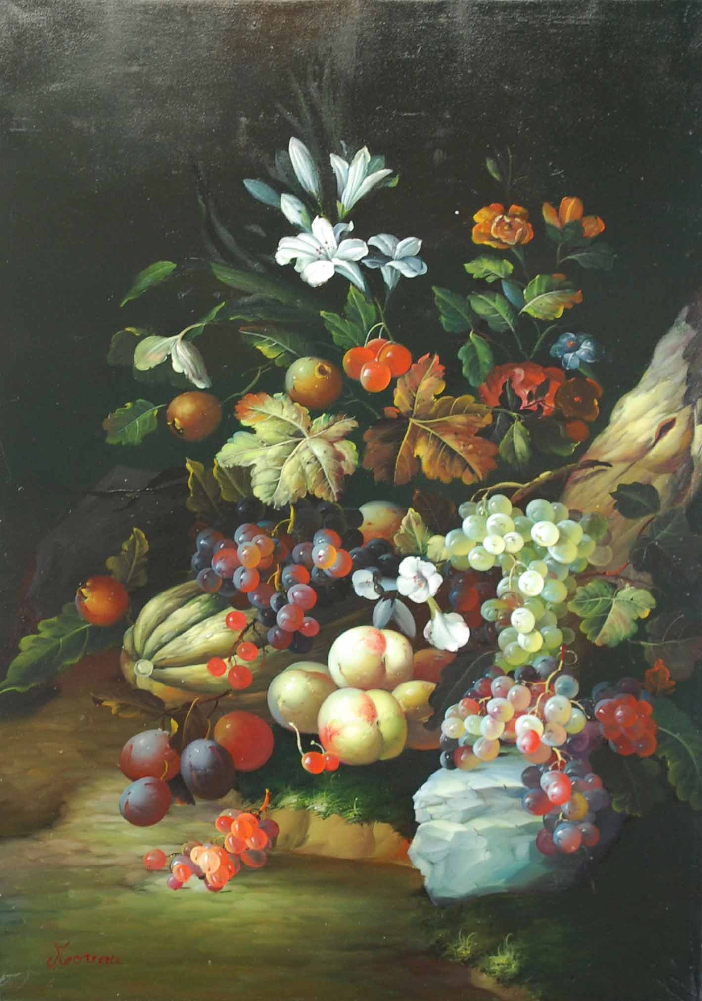 FLEURS ET FRUITS - MOREAU Nicolas (XXème siècle) - Huile sur toile