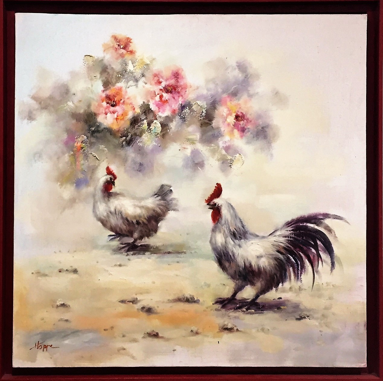 POULE ET COQ - HOPPE Henrick (XXème siècle) - Huile sur toile