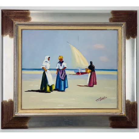 SUR LA PLAGE - ILARDI Joseph (XX ème siècle) - Huile sur toile