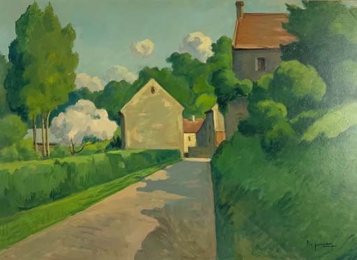 ENTREE DU VILLAGE DE COLOMBIER-SUR-SEULLES - PERADON Pierre-Edmond (1893 - 1981) - Huile sur panneau