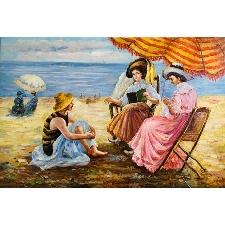 DÉTENTE À LA PLAGE - ECOLE MODERNE (XXème siècle) - Huile sur toile