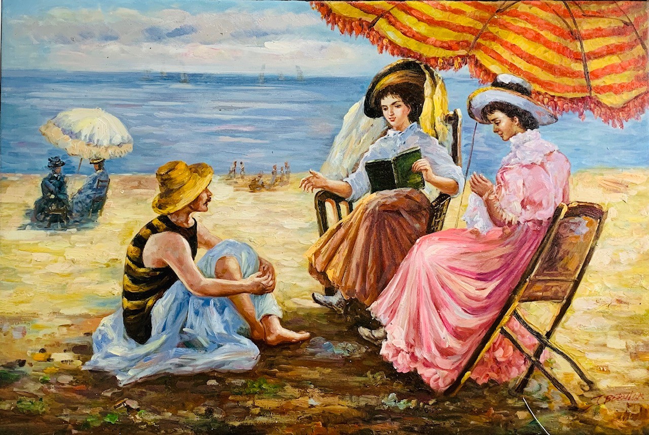 DÉTENTE À LA PLAGE - ECOLE MODERNE (XXème siècle) - Huile sur toile