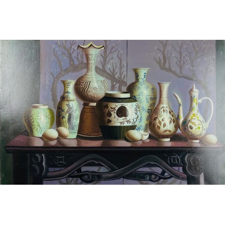 POTS SUR LA CONSOLE - TOMME Albert (XXème siècle) - Huile sur toile