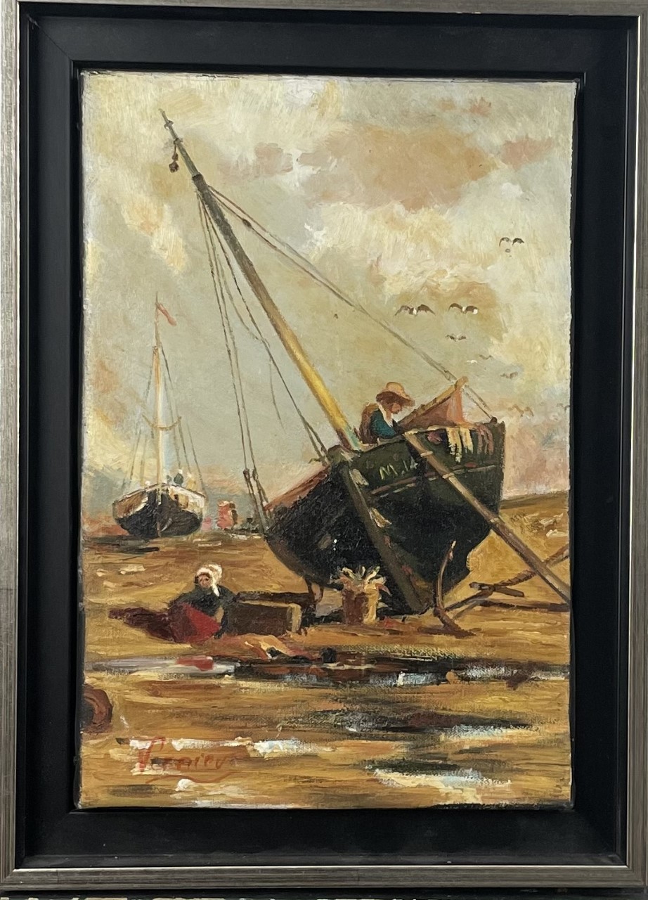 BATEAUX À MARÉE BASSE - VERNIER David (XXème siècle) - Huile sur toile