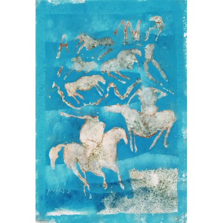 CHEVAUX ET CAVALIERS - MARBLO (1931- ) - Huile sur papier