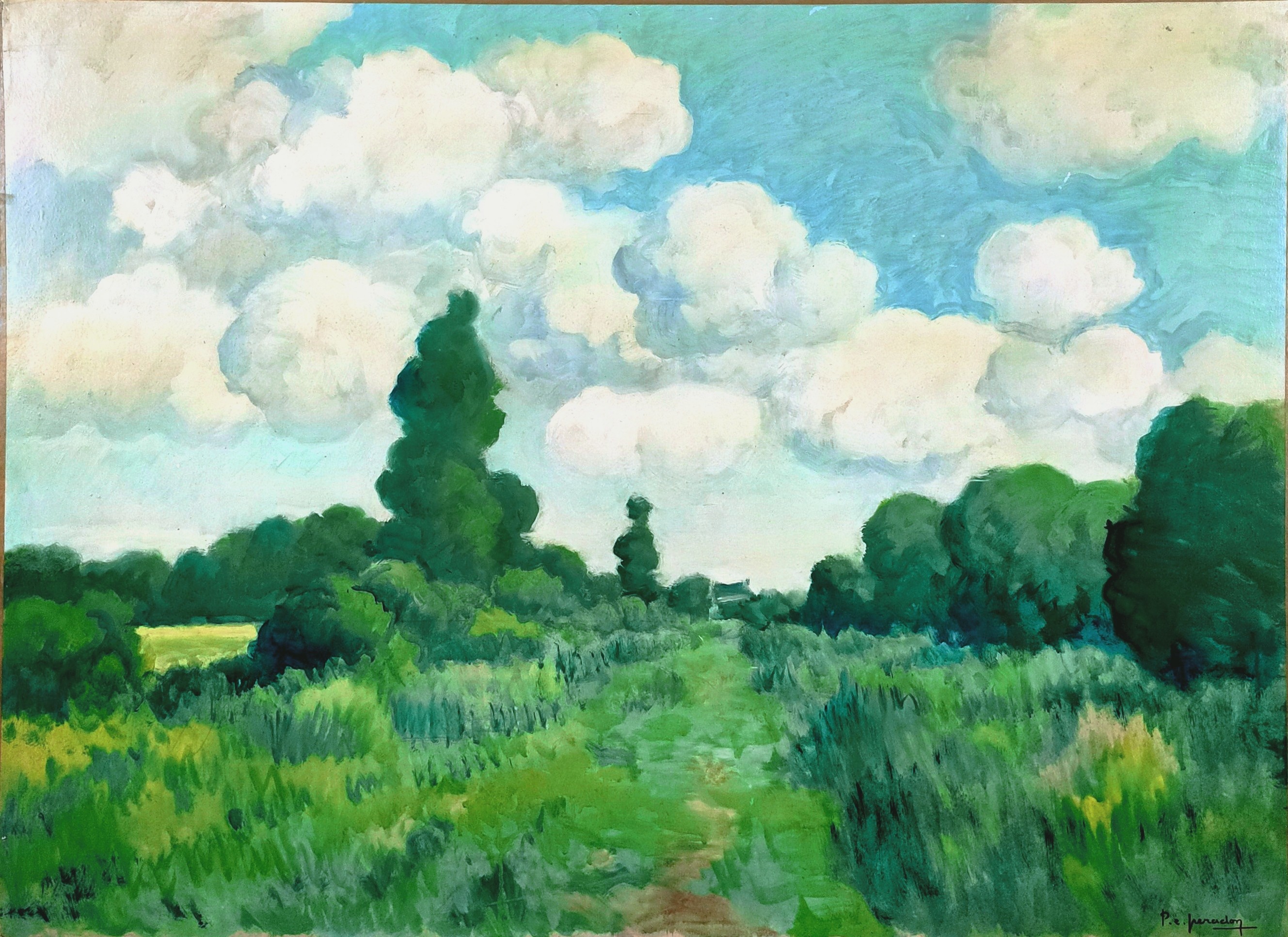 CHEMIN SAUVAGE MENANT AU CHATEAU DE COURCELLES - PERADON Pierre-Edmond (1893 - 1981) - Huile sur panneau