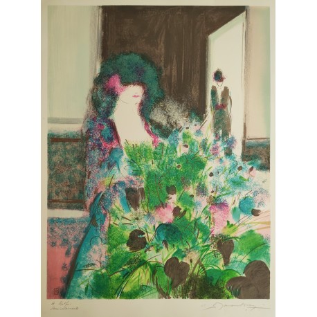 FEMME DANS UN PARTERRE DE FLEURS - ECOLE MODERNE (XXème siècle) - Lithographie