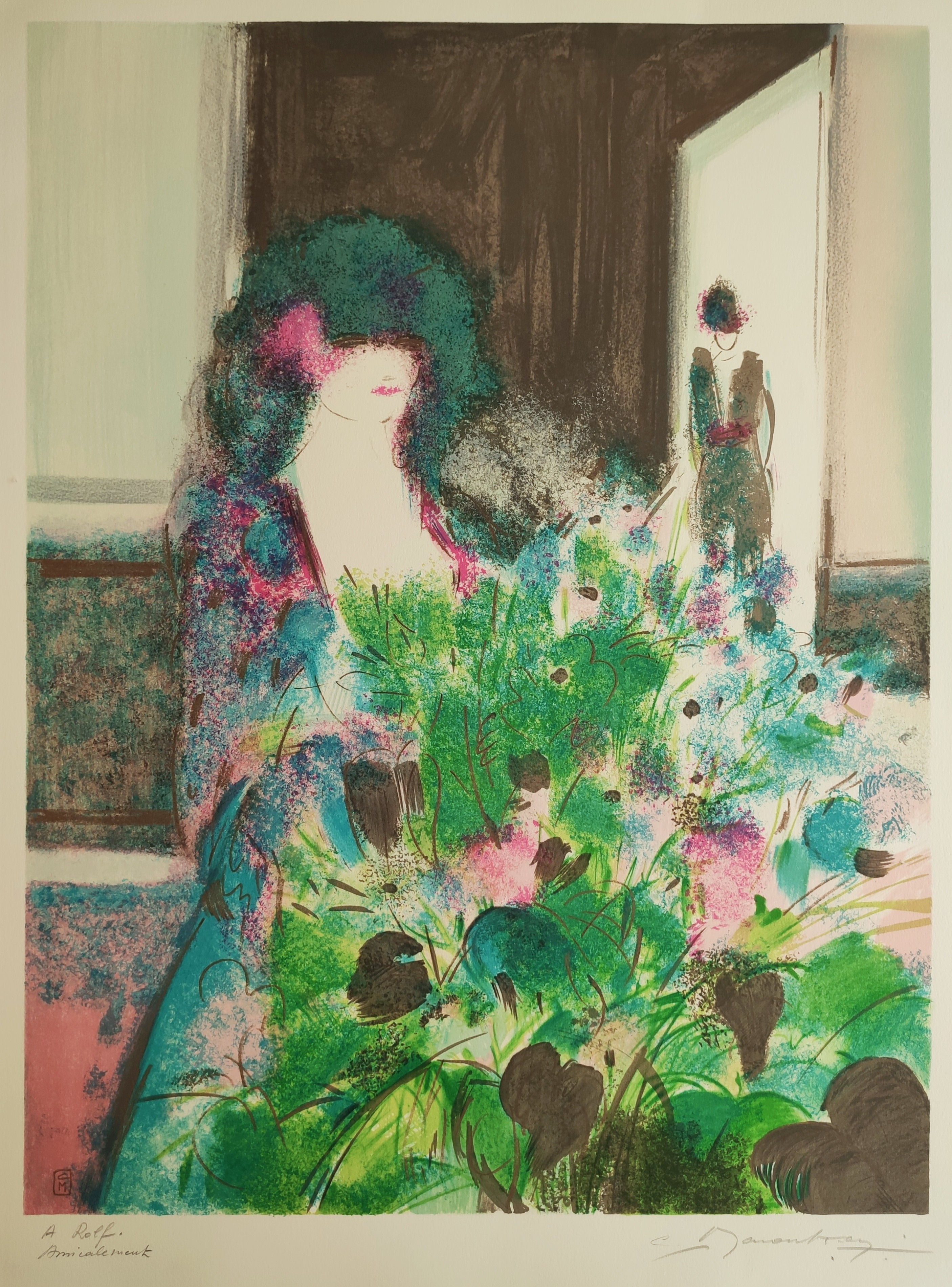 FEMME DANS UN PARTERRE DE FLEURS - ECOLE MODERNE (XXème siècle) - Lithographie