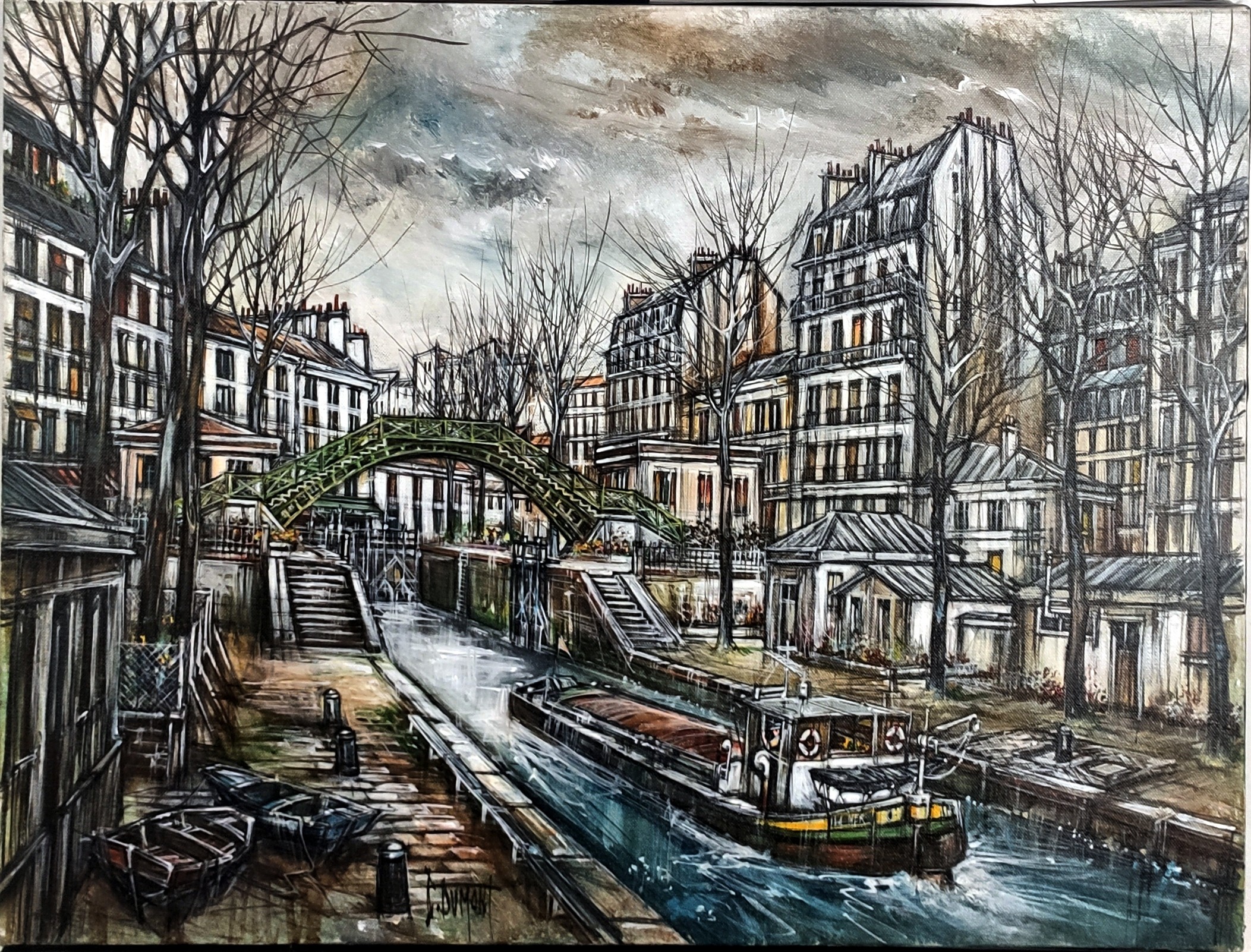 PARIS PENICHE SUR LE CANAL ST MARTIN; - DUMONT Claude (1938 - ) - Huile sur toile
