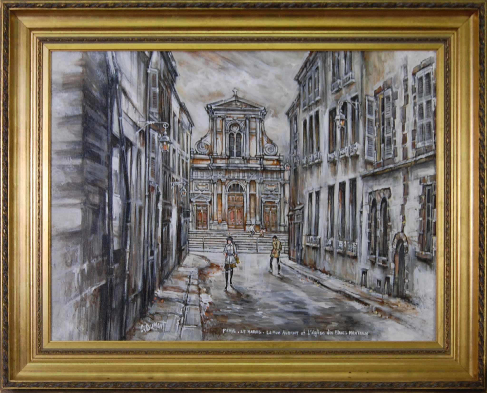 PARIS, LE MARAIS, LA RUE AUBRIOT ET L'EGLISE DES BLANCS MANTEAUX - DUMONT Claude (1938 - ) - Huile sur toile