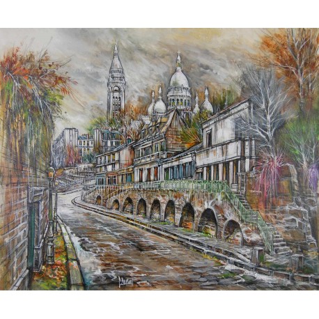 PARIS, MONTMARTE, LA RUE ST VINCENT DU PONT DU SACRE COEUR - DUMONT Claude (1938 - ) - Huile sur toile
