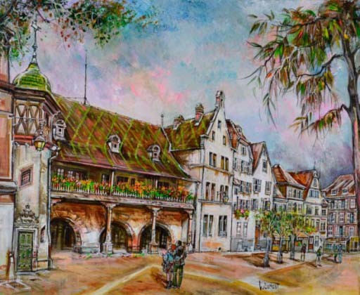 COLMAR : LA PLACE ET L ANCIENNE DOUANE - DUMONT Claude (1938 - ) - Huile sur toile