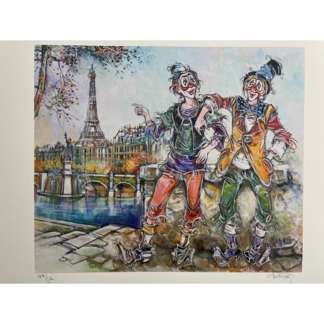 DEUX CLOWNS À PARIS - DUMONT Claude (1938 - ) - Granolithographie