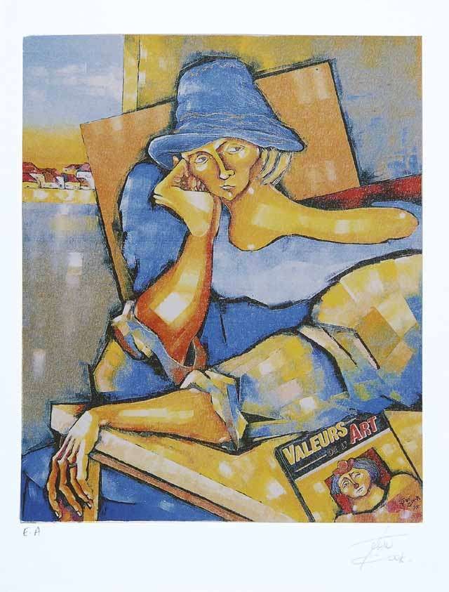 FEMME EN BLEU LISANT VALEURS DE L ART - COOK Juan (1948 - ) - Granolithographie