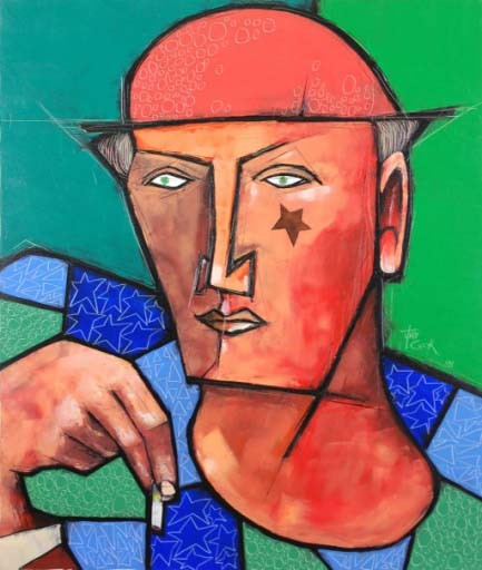ARLEQUIN A LA CIGARETTE - COOK Juan (1948 - ) - Huile sur toile