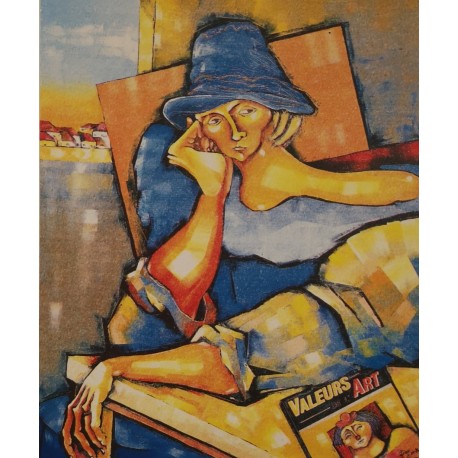 BLONDE AU CHAPEAU BLEU - COOK Juan (1948 - ) - Granolithographie
