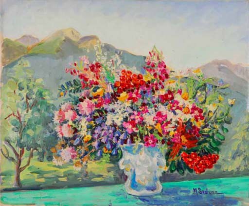 VASE FLEURI DEVANT LES MONTAGNES, Huile sur toile par Marina SEDRAC