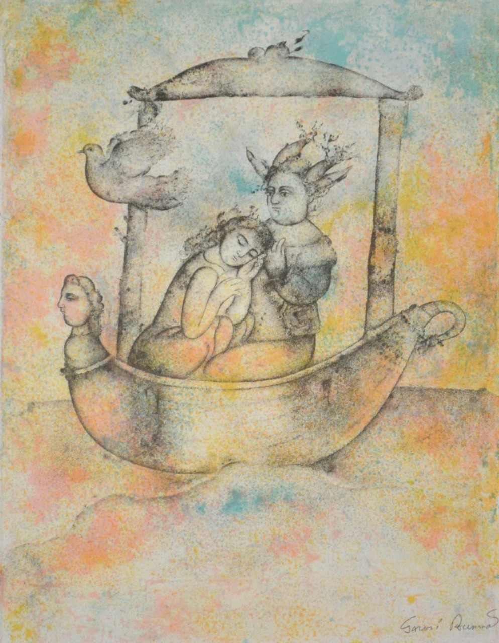 BURMAN Sakti personnages dans barque avec colombe