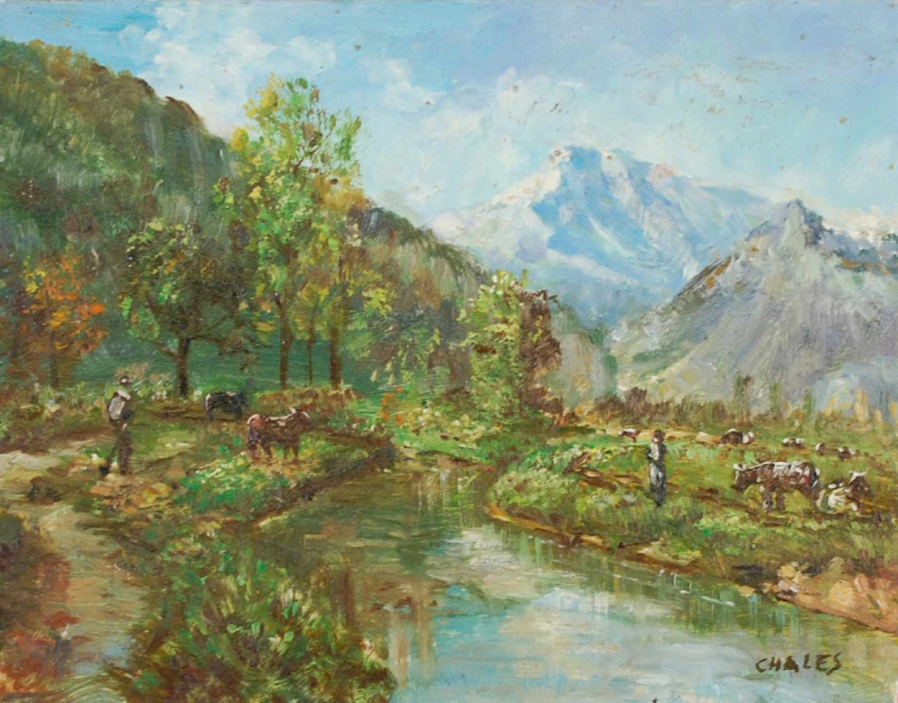 CHALES Marc paysans avec vaches autour de la rivière
